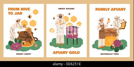 Bannières de rucher. Les apiculteurs professionnels en uniforme travaillent au rucher, collectent les nids d'abeilles, prennent soin des abeilles, affiche de miel de produits biologiques, plat de dessin animé Illustration de Vecteur