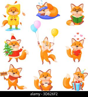 Personnages de renard roux. Dessins animés mascottes de renards mignons, drôle de bébé foxy animal marchant jouer la forêt d'automne debout pose queue moelleuse visage autocollant de personnage d'illustration vectorielle soignée illustration originale Illustration de Vecteur