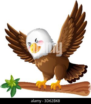 Illustration vectorielle de l'aigle chauve avec des ailes ouvertes perchées sur la branche, couleurs vives, fond blanc Illustration de Vecteur