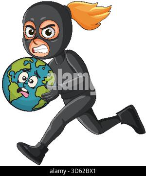 Illustration vectorielle de voleur féminin masqué en cours d'exécution tout en tenant un globe terrestre de dessin animé effrayé Illustration de Vecteur