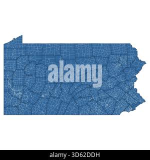 Carte vectorielle de l'état de Pennsylvanie divisée en comtés et townships Illustration de Vecteur