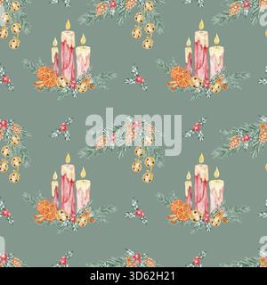 Motif verdâtre avec des bougies de l'Avent, du pin et des oranges séchées, clipart d'aquarelle dessinée à la main. Idéal pour l'emballage du papier, de la papeterie de Noël, de l'emballage de produit ou de l'impression de tissu. Banque D'Images