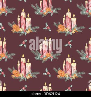 Motif de Noël rouge foncé avec des bougies, des aiguilles de pin et des oranges, clipart aquarelle. Idéal pour emballer le papier, l'emballage, le tissu ou les arrière-plans festifs imprimables. Banque D'Images