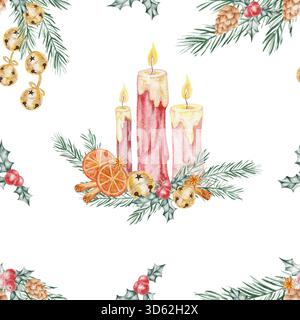 Illustration aquarelle sans couture de bougies rouges, branches de pin et oranges, dessinées à la main. Parfait pour l'emballage festif, le tissu de vacances, les articles en papier ou la conception de papeterie. Banque D'Images