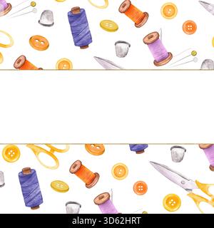 Cadre rectangulaire pour le texte sur le motif sans couture de ciseaux à coudre, fils, boutons ronds, dés. Clipart de couture. Illustrations dessinées à la main pour sewi Banque D'Images