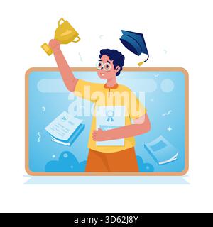 Certification en ligne et obtenir l'illustration vectorielle de célébration de succès Illustration de Vecteur