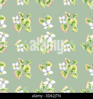 Fond vert sans couture avec illustration aquarelle de fleurs blanches et feuilles de coeur rose-vert, dessinées à la main. Convient aux projets de tissu, de papier peint, d'emballage et d'artisanat en papier numérique. Banque D'Images