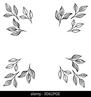 Art minimaliste de lignes de branches de feuilles de café et de thé dans les coins. Parfait pour le logo de café, l'emballage, les invitations, le menu et la conception moderne de marque. Illustration de Vecteur