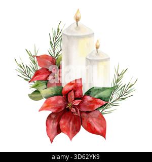 Composition d'aquarelle florale de Noël avec des fleurs poinsettia rouges d'hiver, des bougies blanches et des branches d'épicéa illustration.dessinée à la main nouvel an festif Banque D'Images