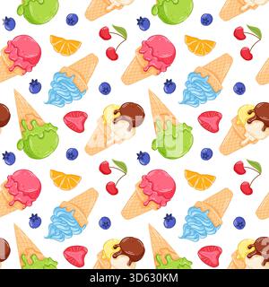 Modèle sans couture de cône de crème glacée avec des tranches de fruits et des baies dans le style de bande dessinée. Parfait pour la conception d'été, l'emballage, le produit pour enfants, le tissu et Illustration de Vecteur