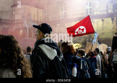 Scène nocturne d'une manifestation pro-palestinienne à Turin, en Italie. Une foule de manifestants est rassemblée avec des banderoles et des drapeaux, entourés de fumée et Banque D'Images