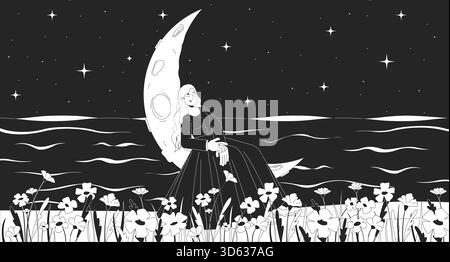 Dreamy Night lofi Girl repose sur le contour d'illustration de lune en croissant Illustration de Vecteur