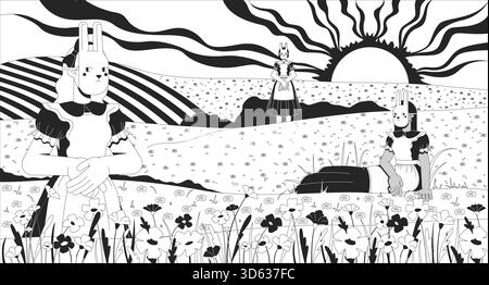 Filles de lapin surréaliste dans le contour d'illustration lofi de prairie de lavande rêveur Illustration de Vecteur