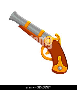 Capitaine pirate Corsair, arme à pistolet médiévale, cabine photo prop. Icône vectorielle isolée de pistolet à flintlock de bande dessinée, accessoire de cabine photo d'arme à feu de bandits à poudre à canon pour enfants avec poignée dorée Illustration de Vecteur