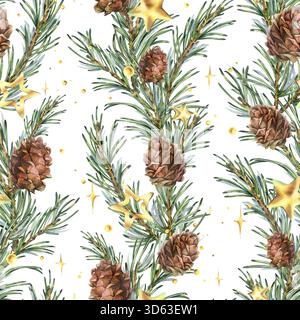 Un motif sans couture avec des branches et des cônes de pin, des étoiles dorées et des perles dans des guirlandes verticales. Illustration d'aquarelle dessinée à la main. Un Noël, Nouveau Banque D'Images