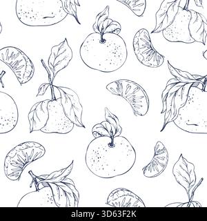 Motif sans couture dessiné à la main avec des mandarines entières, des tranches et des feuilles d'agrumes. Cette illustration au trait délicat est parfaite pour l'emballage alimentaire, recette Illustration de Vecteur