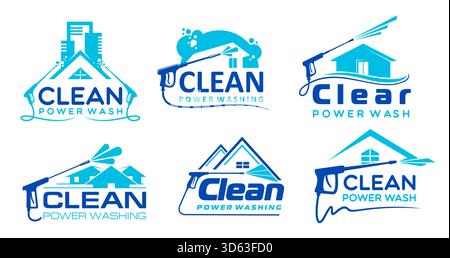 Icônes du service de nettoyage et de lavage de la maison. Silhouettes vectorielles de bâtiments résidentiels et commerciaux avec pistolet de lavage à pression d'eau, spray de détergent, mousse et bulles. Icônes de service de lavage de façade de maison définies Illustration de Vecteur