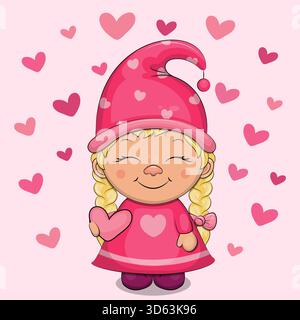 Mignon dessin animé Gnome avec coeur. Illustration vectorielle de femme naine sur fond rose avec des coeurs. Illustration de Vecteur