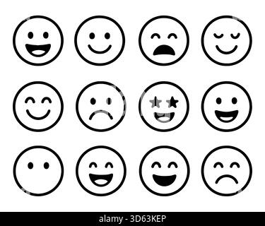 Douze visages souriants dessinés à la main montrant diverses émotions heureuses, tristes et neutres dans un style épuré et minimal. Parfait pour les utilisations de chat, avatar ou décoration, illustration vectorielle de fond blanc isolé Illustration de Vecteur
