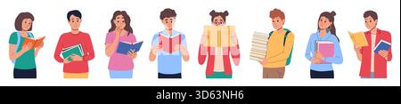 Lecteurs de livres. Jeune femme étudiante, homme personne dans la bibliothèque appréciant la littérature. Couple mignon debout, connaissance et groupe d'étude de l'éducation. Ensemble d'illustrations isolées de style plat de dessin animé vectoriel Illustration de Vecteur