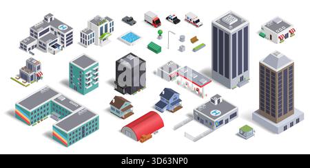 Bâtiments 3D. Plan isométrique de la ville. Gratte-ciel d'affaires. École et boutique. Usine industrielle. Poste de police de la ville. Façade de maison. Voiture de route. Arbre de rue. Hôtel urbain. Ensemble d'éléments de paysage urbain isolés par vecteur Illustration de Vecteur
