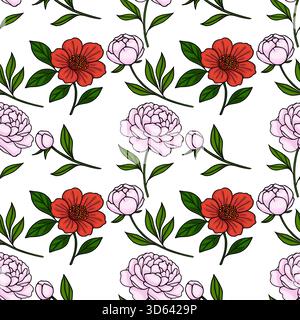 Motif vectoriel sans couture de pivoines roses délicates et de fleurs rouges vibrantes avec des feuilles vertes sur un fond blanc. Illustration de Vecteur