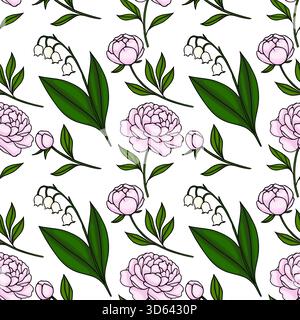 Modèle vectoriel sans couture de pivoines roses délicates et de lis fleuris des fleurs de la vallée avec des feuilles vertes luxuriantes sur un fond blanc. Illustration de Vecteur