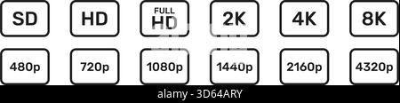 Icônes de résolution vidéo définies. Collection de symboles de qualité d'affichage et de résolution d'écran. Multimédia et utilisation de la technologie. Icônes de qualité vidéo ou de résolution Illustration de Vecteur