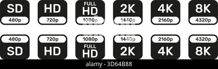Icônes de résolution vidéo définies. Collection de symboles de qualité d'affichage numérique et de résolution d'écran. Multimédia et utilisation de la technologie. Icônes de résolution de l'écran Illustration de Vecteur