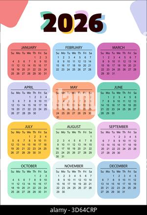 Arc-en-ciel année civile 2026. calendrier vectoriel. Illustration de Vecteur