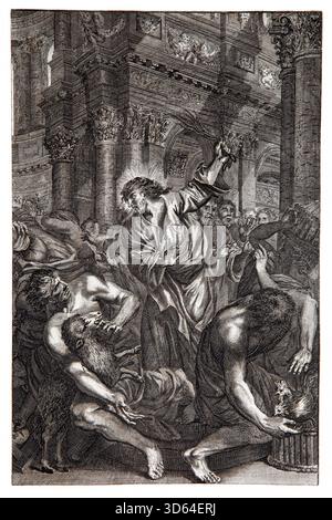 Illustration de Jésus-Christ chassant les acheteurs et les vendeurs du Temple de Jérusalem (Évangile) du 18ème siècle le Fa du révérend Mr Cookson Banque D'Images