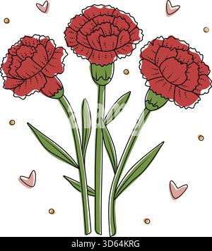 Trois œillets rouges avec contour noir, bourgeons et feuilles, bouquet de fleurs monochromes vectorielles dans la palette de couleurs boho Illustration de Vecteur