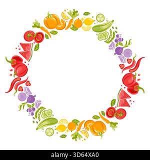 Cadre rond de légumes et de fruits une illustration vectorielle lumineuse avec une bordure circulaire composée de divers légumes et fruits, de couleurs vives Illustration de Vecteur