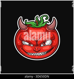 Personnage de mascotte de dessin animé de tomates avec des visages maléfiques et rusés. Parfait pour autocollant, étiquette, couverture, emballage, tshirt, marchandises d'affaires et Produ Illustration de Vecteur