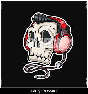 Personnage de mascotte de dessin animé de tête de crâne portant un casque. Parfait pour autocollant, étiquette, couverture, emballage, tshirt, marchandises d'affaires et description du produit Illustration de Vecteur