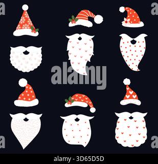 Jeu de vecteur drôle et hipster avec chapeaux de Père Noël, barbes et moustaches pour accessoires de cabine photo et cartes de voeux de Noël Illustration de Vecteur