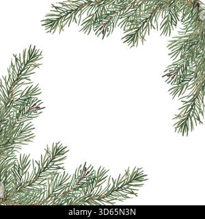 Branches de sapin cadre carré, bordure. Compositions de coin avec plantes d'hiver. Illustration à l'aquarelle dessinée à la main de branches de pin. Parfait pour Noël Banque D'Images