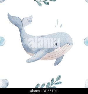 Baleine avec des algues et des bulles. Motif aquarelle sans couture, dessiné à la main sur un fond blanc. Pour l'emballage, la conception, le papier peint, le papier d'emballage. Thème marin pour enfants. Banque D'Images