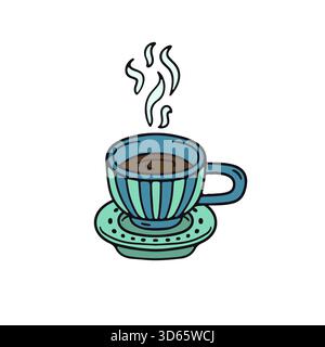Illustration vectorielle de tasse à café en céramique hygge doodle dessinée à la main et d'icône de soucoupe Illustration de Vecteur