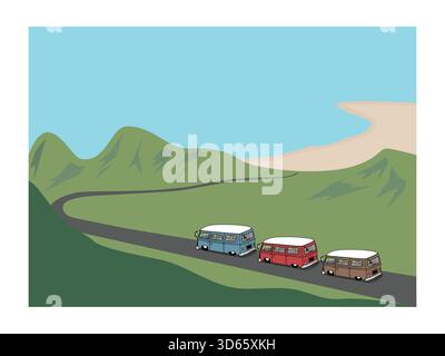 Camping-car rétro vintage classique lors d'un voyage en voiture vers la plage. Mer bleue, collines verdoyantes avec sable brun. Illustration de Vecteur