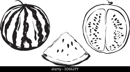 trio de pastèque d'encre avec tranche évoquant le rafraîchissement de l'été, les coups gestuels audacieux capturent les graines et la texture de la croûte, minimaliste Illustration de Vecteur