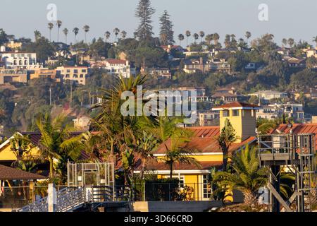 San Diego, Californie États-Unis — 31 août 2025 : quartier à flanc de colline avec des palmiers et des maisons Banque D'Images