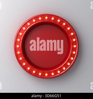 Panneau d'affichage au néon de signe rond rouge rétro avec des ampoules jaunes isolées sur fond de mur blanc avec rendu 3D d'ombre Banque D'Images