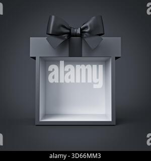 Affichage de produit de boîte-cadeau noir vierge avec noeud de ruban noir isolé sur fond sombre minimal Black friday super vente rendu 3D conceptuel Banque D'Images