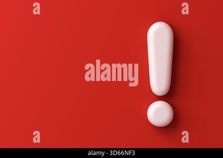 Icône de point d'exclamation blanche 3D isolée sur fond de mur de couleur rouge avec rendu 3D conceptuel minimal d'ombre Banque D'Images
