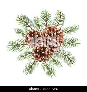 Épicéa, branche de pin avec des cônes aquarelle illustration isolée pour noël ou desing d'automne. Brindille de sapin dessinée à la main avec des aiguilles vertes pour l'hiver Banque D'Images