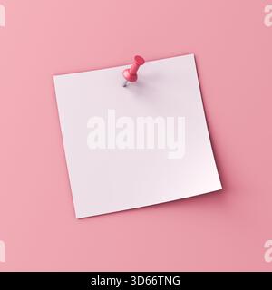 Papier de note blanc vierge avec punaise isolé sur fond de mur de couleur pastel rose rendu 3D conceptuel minimal Banque D'Images