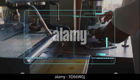 Tassement des mains de barista en manches courtes à l'aide d'un porte-filtre au café avec machine à espresso, espace de copie Banque D'Images