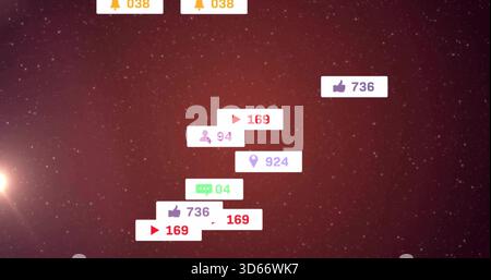 Grappe flottante de badges de notification de médias sociaux affichant des icônes avec des compteurs au-dessus d'un champ d'étoiles rouge Banque D'Images