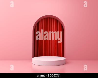 Socle blanc vierge de produit isolé sur fond de couleur pastel rose avec rendu 3D rideau rouge Banque D'Images